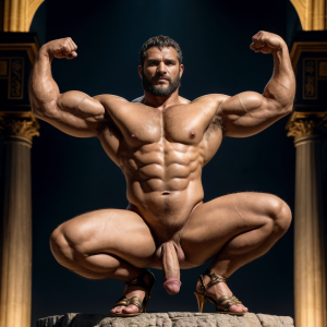 Cneo Pompeyo Magno desnudo con pene grande y testículos grandes peludos, conquista las Galias en el año 49 a.C, es el cónsul del ejercito. Hombre Catón y hombre Cicerón desnudos se acercan a Cneo Pompeyo Magno, están al frente de las legiones del Senado para luchar contra César. Doblan el brazo derecho pa enseñar los bíceps del brazo derecho con gran orgullo. Tiene mucho vello por todo el cuerpo. Está agachado. Está bronceado. Tiene la mano izquierda sobre su pene. Las sandalias están bonitas. Alas blancas en su espalda.
