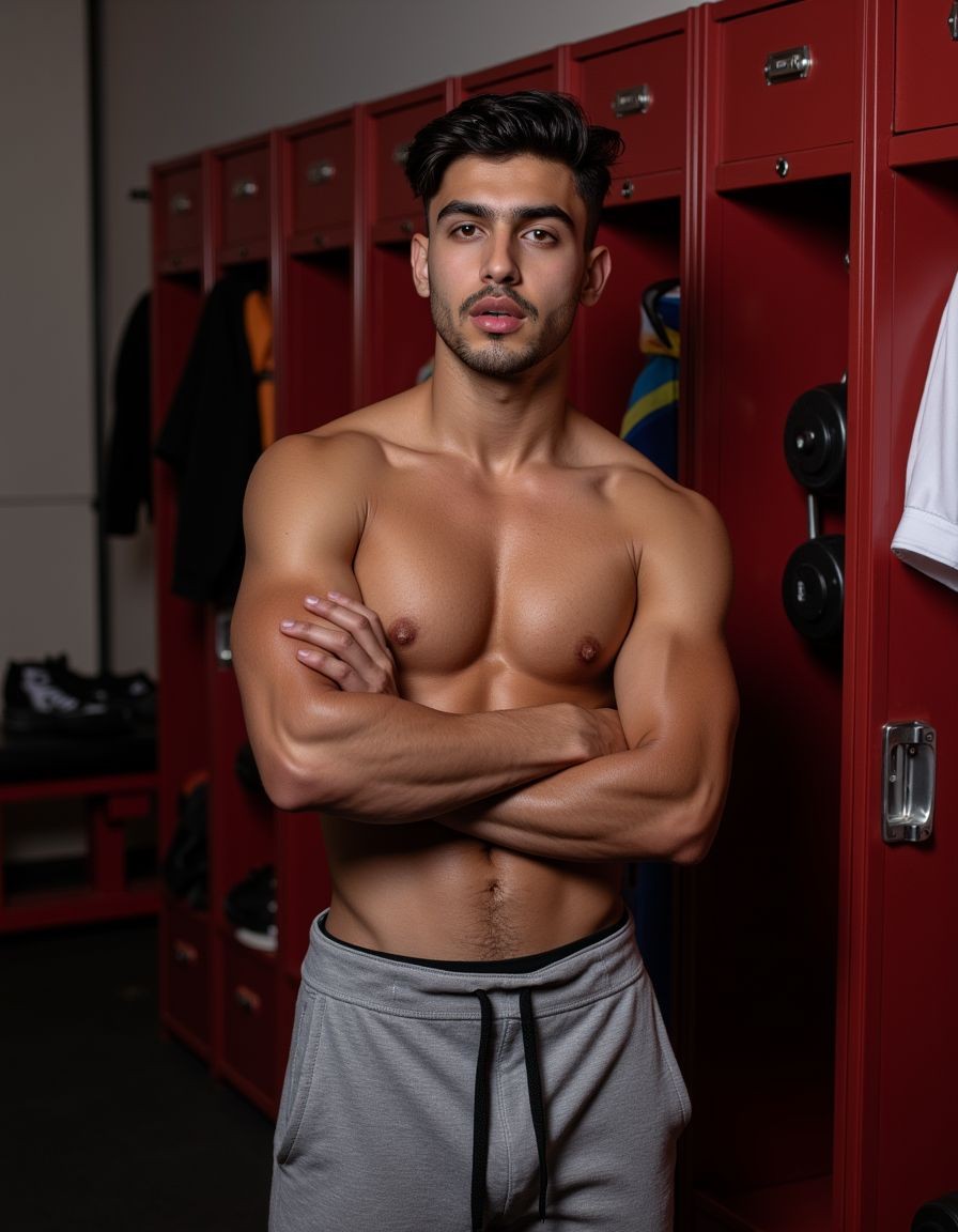 Un hombre joven y musculoso posa sin camiseta en un vestuario deportivo, con los brazos cruzados sobre el pecho y una expresión seria mirando directamente a cámara. Lleva pantalón corto gris con cordón negro, dejando visibles el torso definido, los abdominales marcados, los hombros anchos y los brazos trabajados. Detrás aparecen taquillas rojas abiertas con ropa colgada, una camiseta blanca, prendas de colores y material de entrenamiento, además de un banco y unas zapatillas al fondo. La iluminación tenue y contrastada resalta la piel, la musculatura y el ambiente de gimnasio, creando una escena intensa de retrato fitness en un vestuario.