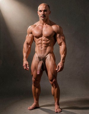 Mike Morris, a 32-year-old extremely lean Caucasian male with only 8% body fat, stands completely naked in a strict military attention pose captured in a full-body three-quarter view at a slight 45-degree angle. The shot runs from the tips of his size 44 slightly hairy feet all the way up to the top of his bald head, showing his entire body without any cropping. His physique is dry, vascular and powerfully defined: massive square pectorals covered in dense dark brown chest hair forming a thick T-pattern, sharply carved six-pack abs, narrow waist, wide flaring lats, and thick muscular thighs with dense dark hair. Dramatic directional studio lighting falls from high and slightly to the left, creating bright highlights on his tanned skin, the texture of his dense body hair across his chest, lower back and legs, and deep shadows that accentuate every muscle separation and vein. His advanced Norwood III-IV bald scalp is clearly visible, with short dense dark brown hair only on the sides and back of his head. His square, angular face with prominent jaw, thick dark handlebar mustache, heavy brows and intense deep-set brown eyes stares straight ahead with a serious, commanding expression. His penis is fully visible, completely natural and realistic: thick, 24 cm long when erect, with natural upward curve, prominent veins along the shaft, long foreskin that partially covers the pink-red glans, and realistic skin texture noticeably lighter than his bronzed body. Below it hang his large, low-hanging testicles with wrinkled darker skin and dense dark brown hair. The extremely thick, curly dark brown pubic bush climbs almost to his navel and spreads generously around the base of his cock and balls. Every detail from his veined hands and forearms to his diamond calves and hairy toes is perfectly proportioned and anatomically correct. Photorealistic, high-contrast, masculine 1970s Colt Studio aesthetic with subtle grainy film texture.