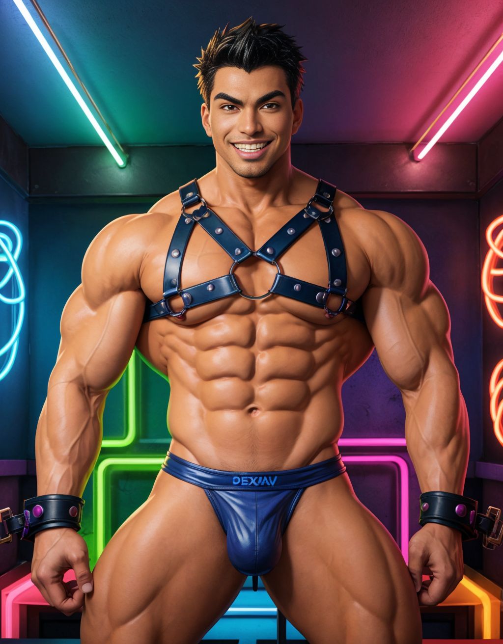 Hombre musculoso con arnés de cuero, en una habitación BDSM de estilo cómic, rodeado de dildos coloridos y juguetes sexuales, con una sonrisa provocativa, piel bronceada, músculos definidos, ropa interior ajustada, fondos oscuros y luces neon.