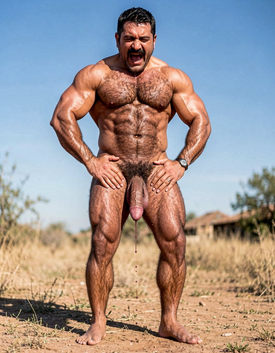 A perfectly framed full-body photorealistic image of Gayon Von Neumann standing completely naked outdoors in bright natural daylight, shot from a low angle starting from his feet and going all the way up to the top of his head. His big, strong bare feet are planted firmly on the dirt ground, toes gripping the earth. Powerful hairy calves and thick muscular thighs lead up to his heavy low-hanging hairy balls and massive erect cock. Both of his large veiny hands are wrapped tightly around his 35cm long, 9.5cm thick dark veiny shaft, stroking it slowly and firmly with realistic motion. The heavy foreskin is pulled halfway back exposing the huge swollen purple-red glans dripping thick strings of precum.

From there the view continues naturally up his dense wild black pubic bush, deeply carved sweaty eight-pack abs, thick hairy pecs with visible striations, wide vascular shoulders, thick neck with prominent Adam’s apple, and finally his arrogant face: square jaw, thick black chevron mustache, half-lidded dark eyes looking down with superiority and lust, mouth open in raw pleasure letting out a deep grunt. Every inch of his 1.85m, 80kg dry muscular body is visible from feet to head, covered in natural dense black body hair, glistening with real sweat under harsh sunlight. Raw, masculine, photorealistic rural alpha male jerking off outdoors with zero cropping and maximum detail from soles to scalp.