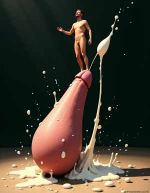 Macrofilia. Surrealismo. Imagen surrealista basada en Dalí, Un hombre pequeño desnudo totalmente se encuentra encima de un pene gigante que está en el suelo, el pene gigante eyacula abundantemente, el semen alcanza al hombre pequeño cubriéndolo totalmente de una sustancia blanca viscosa.