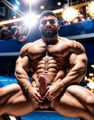 Hombre musculoso. Está masturbando el pene. Tiene mucho vello.