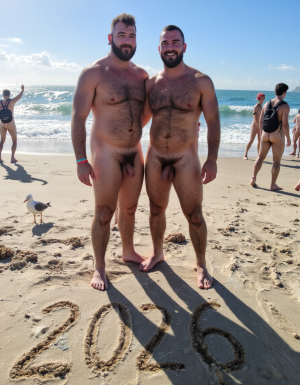 Día de Año Nuevo 2026. Dos hombres llamados Juan y Pedro, tienen los pies descalzos pero están totalmente desnudos. 

Juan es un hombre de 50 años de edad, muy atlético y tiene sus músculos muy definidos y es muy peludo, está totalmente desnudo, tiene un pene largo erecto de 36 cm de longitud y 9 cm de diámetro, tiene cabello negro largo ondulado y desordenado, tiene mucho vello pectoral, tiene piernas masculinas con abundante vello, tiene brazos peludos,  su cara tiene forma cuadrada tiene mentón prominente con hoyuelo muy pronunciado y muy masculino, su barba está bien afeitada y su cara está muy limpia resaltando sus facciones masculinas. 

Pedro es un hombre de 58 años de edad con músculos marcados sin grasa, está totalmente desnudo, tiene un pene largo de 39 cm de longitud y 9 cm de diámetro, tiene cabello pelirrojo rizado abundante y largo de color rojo, tiene abundante vello pelirrojo pectoral de color rojo oscuro en abundancia, tiene piernas masculinas con mucho vello, tiene brazos peludos y muy masculinos. Pedro tiene presencia atlética y es muy peludo, mucho pelo por todo su cuerpo. 

Pedro está con el esfínter del culo abierto. Juan mete su pene por el esfínter del culo de Pedro ((Imagen de alta definición, imagen calidad 4K, UHD)). Dentro del culo de Pedro está a medio meter el pene de Juan. ((Juan tiene su pene dentro del culo de Pedro)). Sexo anal duro y apasionado. Pedro está con el esfínter del culo abierto. Juan mete su pene por el esfínter del culo de Pedro ((Imagen de alta definición, imagen calidad 4K, UHD)). Dentro del culo de Pedro está a medio meter el pene de Juan. Juan tiene su pene dentro del culo de Pedro. Sexo anal duro y apasionado. ((Penetración)) penes erectos. 

Pedro y Juan enseñan sus músculos muy marcados y bien definidos, están de pie sobre la arena de la playa con olas azules y con el Sol reflejándose sobre el agua del mar mientras vuelan dos gaviotas. En la arena de la playa está trazado el texto: 