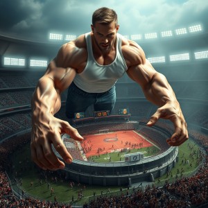 Photorealistic render, extremely detailed textures, high-quality rendering, massive 21-year-old Caucasian handsome man with incredibly muscular physique, towering over a tiny football stadium, filled with thousands of tiny people, all screaming and running in panic, stadium lights and scoreboards miniature in comparison to the gigantic man, his feet bare and gigantic, toes curled over the edge of the stadium, about to crush it, wearing only tight, white, sleeveless shirt and blue jeans, accentuating his enormous muscles, gigantic hands grasping the stadium, fingers wrapping around it, preparing to squeeze, tiny people running and screaming, trying to escape the impending doom, cinematic lighting, dramatic shadows, intense atmosphere, focus on the gigantic man's muscles and the tiny stadium, high-resolution rendering, detailed textures, realistic skin and clothing folds, chaotic scene, destruction and chaos theme.