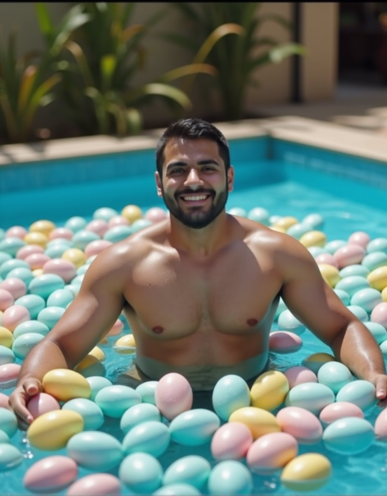 un hombre arabe de dubai de 25 años desnudo en una piscina llena de huevos de pascua pintados de colores