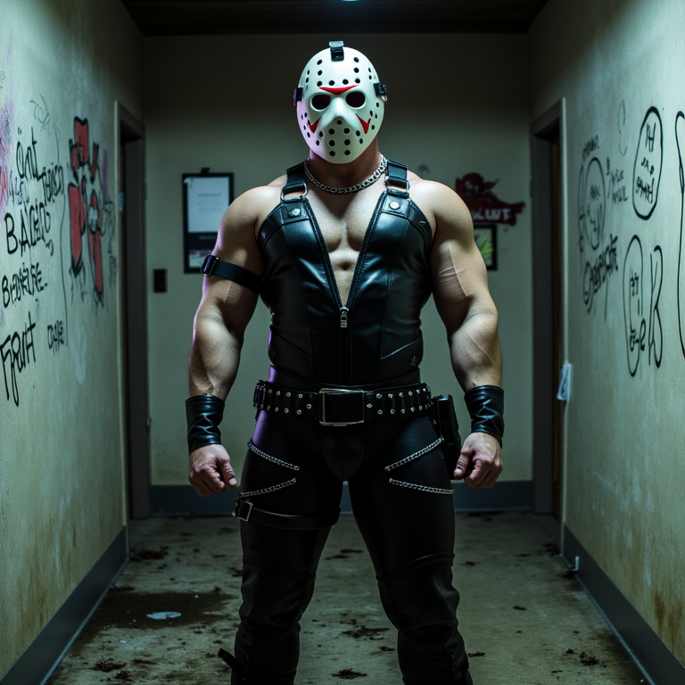 Jason Voorhees, el icónico asesino de la franquicia de Viernes 13, vestido con ropa BDSM, incluyendo un traje de cuero negro ajustado, un cinturón ancho de cuero con tachuelas, y un par de botas de combate con hebilla de metal, en una casa abandonada con paredes cubiertas de grafitis y ventanas rotas, iluminada solo por la luz de la luna que se filtra a través de las grietas, con una atmósfera de suspense y misterio, Jason está de pie en el centro de la habitación, con su máscara de hockey sobre su rostro, mirando fijamente hacia adelante con una expresión intimidante, mientras su ropa BDSM resalta su físico imponente y amenazante, con detalles como cadenas y cerraduras que reflejan su personalidad oscura y dominante.