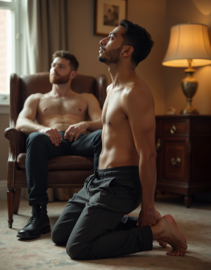 Hombre latino colombiano de 32 años, piel morena oscura, pelo negro corto, rasgos latinos marcados, expresión sumisa y afeminada, arrodillado en el suelo de una oficina lujosa, sin camiseta, delgado, mirando hacia arriba con ojos devotos y sumisos, descalzo, pantalón de vestir arrugado, detrás se ve un sillón de cuero marrón ocupado por un joven blanco sin camiseta, iluminación de oficina cálida, ambiente corporativo, fotografía hiperrealista, Canon EOS R5, 85mm f/1.4, bokeh suave.