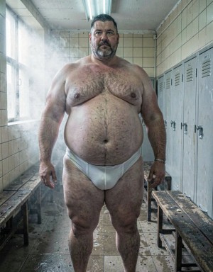 Un hombre maduro de 52 años, muy grande y gordo, posa de pie con slips blancos ajustados que marcan con claridad sus testículos muy gordos bajo la tela tensada. Se encuentra en un vestuario antiguo de azulejos crema, con bancos de madera húmeda, metal frío y un leve olor a jabón, sudor limpio y vapor. La luz principal entra lateralmente desde una ventana alta y es suave, difusa y fría, mientras un tubo fluorescente superior añade un relleno pálido que acentúa el volumen de su cuerpo y las sombras bajo la ropa interior. La escena tiene un tono íntimo, realista y fotográfico.