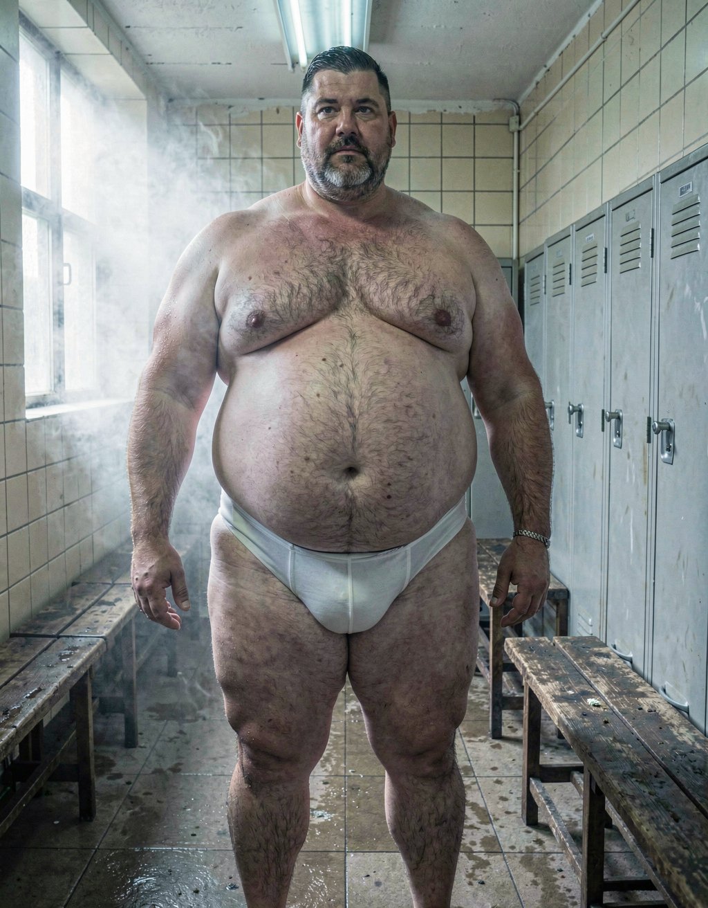 Un hombre maduro de 52 años, muy grande y gordo, posa de pie con slips blancos ajustados que marcan con claridad sus testículos muy gordos bajo la tela tensada. Se encuentra en un vestuario antiguo de azulejos crema, con bancos de madera húmeda, metal frío y un leve olor a jabón, sudor limpio y vapor. La luz principal entra lateralmente desde una ventana alta y es suave, difusa y fría, mientras un tubo fluorescente superior añade un relleno pálido que acentúa el volumen de su cuerpo y las sombras bajo la ropa interior. La escena tiene un tono íntimo, realista y fotográfico.