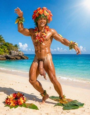 A naked, tanned, muscular man dances smiling on a tropical white-sand beach, with his penis visible and his body shining under the sun. He wears a crown of leaves and red, orange, and yellow flowers, a lei-style floral necklace, plant bracelets on his wrists and ankles, and poses with his arms open in a festive gesture. At his feet are large green leaves and an arrangement of exotic flowers, while in the background the turquoise sea, gentle waves, coastal rocks, palm trees, and a clear blue sky stand out.