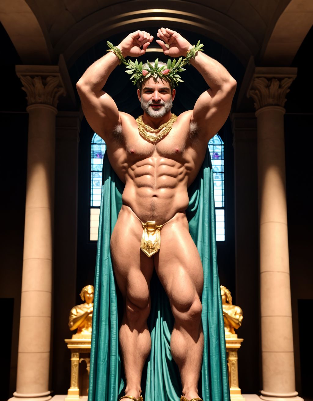 El dios Priapo de Pompeya está desnudo de pie. Es delgado y muy alto. Está en el museo de Nápoles. Tiene un pene grande y erecto. Tiene mucho vello por todo el cuerpo. Tiene sandalias en los pies. Tiene músculos muy definidos. Tiene una corona de laurel. Levanta una mano para saludar al público. El cuerpo está iluminado con focos de luz blanca. Tiene los ojos verdes. Tiene una cadena brillante en los pies. Tiene mucho vello en el pecho. Tiene una capa de oro sobre su espalda. Tiene boca abierta. Tiene sandalias en los pies.