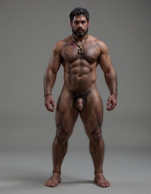 PEDRO de cuerpo entero 8K de hombre mediterráneo muy masculino y muy delgado pero con músculos marcados y definidos y está de pie, textura de piel natural híper realista, cara geométrica brutal con mandíbula cuadrada pesada, pómulos altos anchos, barbilla prominente con hoyuelo, ojos oscuros marrones profundos hundidos con cejas gruesas densas, nariz grande puente ancho recto forma griega, bigote morsa negro denso espeso cayendo en extremos cubriendo labio superior completamente, pelo negro rizado voluminoso desordenado, cuello grueso de toro con nuez prominente, pecho ancho cubierto vello negro rizado denso, pectorales voluminosos definidos con surco central profundo, cadena dorada colgando en surco pectoral, pezones oscuros marrón rojizo areolas anchas, abdominales six-pack marcados, vello corporal abundante formando trail oscuro vertical desde pecho hasta entrepierna, brazos musculosos gruesos con venas marcadas deltoides prominentes bíceps grandes tríceps herradura cubiertos vello negro, manos grandes dedos gruesos nudillos prominentes pelo dorso manos, piernas musculosas cuádriceps voluminosos muslos gruesos cubiertos vello negro denso rodillas huesudas pantorrillas gemelos forma diamante, pies grandes anchos pelo empeine, polla erecta treinta centímetros gruesa ocho centímetros diámetro color marrón oscuro curvada arriba venas dorsales marcadas prepucio largo glande ancho rojizo apuntando hacia arriba, huevos grandes colgando bajos escroto oscuro arrugado tamaño huevos gallina XL, piel aceitunada bronceada mediterránea, iluminación natural realista, fotorrealista, híper detallado, desnudo completo. Los pies están desnudos. Polla erecta dura hacia arriba. Las pantorrillas están a la vista y son muy peludas.