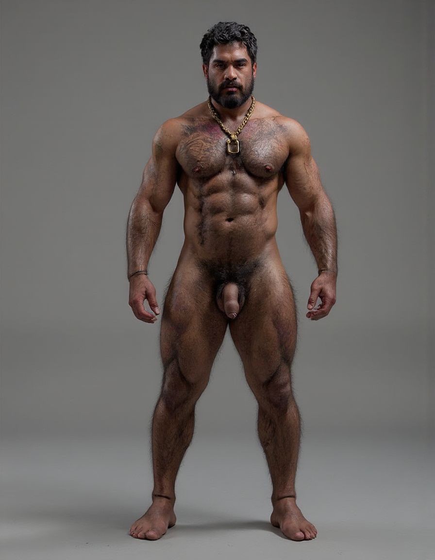 PEDRO de cuerpo entero 8K de hombre mediterráneo muy masculino y muy delgado pero con músculos marcados y definidos y está de pie, textura de piel natural híper realista, cara geométrica brutal con mandíbula cuadrada pesada, pómulos altos anchos, barbilla prominente con hoyuelo, ojos oscuros marrones profundos hundidos con cejas gruesas densas, nariz grande puente ancho recto forma griega, bigote morsa negro denso espeso cayendo en extremos cubriendo labio superior completamente, pelo negro rizado voluminoso desordenado, cuello grueso de toro con nuez prominente, pecho ancho cubierto vello negro rizado denso, pectorales voluminosos definidos con surco central profundo, cadena dorada colgando en surco pectoral, pezones oscuros marrón rojizo areolas anchas, abdominales six-pack marcados, vello corporal abundante formando trail oscuro vertical desde pecho hasta entrepierna, brazos musculosos gruesos con venas marcadas deltoides prominentes bíceps grandes tríceps herradura cubiertos vello negro, manos grandes dedos gruesos nudillos prominentes pelo dorso manos, piernas musculosas cuádriceps voluminosos muslos gruesos cubiertos vello negro denso rodillas huesudas pantorrillas gemelos forma diamante, pies grandes anchos pelo empeine, polla erecta treinta centímetros gruesa ocho centímetros diámetro color marrón oscuro curvada arriba venas dorsales marcadas prepucio largo glande ancho rojizo apuntando hacia arriba, huevos grandes colgando bajos escroto oscuro arrugado tamaño huevos gallina XL, piel aceitunada bronceada mediterránea, iluminación natural realista, fotorrealista, híper detallado, desnudo completo. Los pies están desnudos. Polla erecta dura hacia arriba. Las pantorrillas están a la vista y son muy peludas.