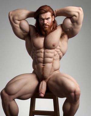 Hombre caucásico con piel clara y complexión atlética, cabello rojizo lacio y largo, barba incipiente, expresión de desprecio, vello corporal abundante y rojizo, de 1,9 metros de altura, sixpack visible, manos detrás de la cabeza, trapecios marcados, pene y testículos visibles. Sentado en un taburete de madera, fondo gris degradado, músculos desarrollados, hombros prominentes, deltoides marcados, fondo gris claro. Debe tener un solo pene