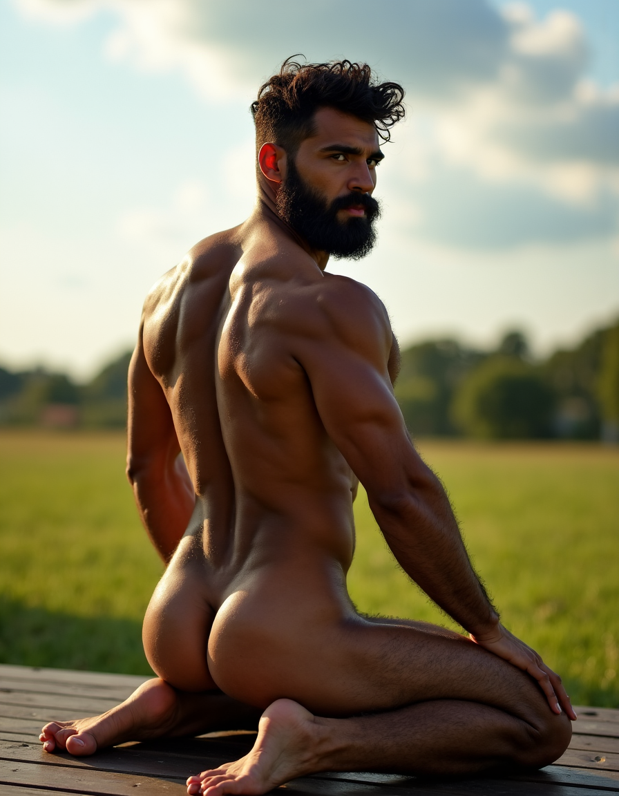 Bruno hombre. Bruno hombre es español de 32 años, cuerpo atlético musculoso pero delgado, abdominales marcados, torso completamente cubierto de vello oscuro denso, pecho peludo, brazos velludos, piernas con vello abundante, barba espesa negra perfectamente recortada, pelo negro ondulado corto despeinado, piel bronceada mediterránea, completamente desnudo, polla grande gruesa erecta con prepucio retractado, testículos grandes colgando, venas visibles en la polla, pubis muy peludo natural, muslos musculosos separados, de rodillas en suelo de madera, espalda arqueada ofreciendo el culo respingón hacia la cámara, mirando por encima del hombro con expresión lasciva y masculina, luz natural cálida de cielo con nubes blancas y suelo de hierba verde con estufas masculinas de fondo desenfocado, sombras marcadas resaltando músculos y curvas del cuerpo, fotografía hiperrealista 8K, estilo retrato íntimo.