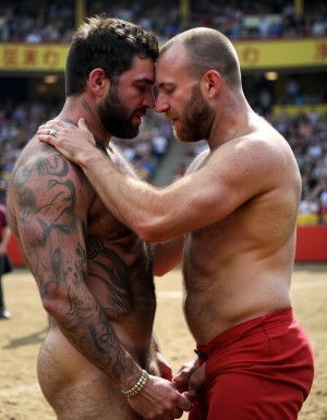 Un torero español musculoso y velludo de 50 años, con torso atlético y marcado, se muestra completamente desnudo, destacando su pene de 30 cm de longitud y 5 cm de grosor, perfectamente formado y rodeado de un denso vello púbico castaño oscuro. Sus testículos, perfectamente formados, cuelgan de forma prominente. La piel bronceada y sudorosa resalta su musculatura definida, con pectorales y abdominales bien marcados y sin grasa. El cabello largo y castaño oscuro está despeinado y sudoroso, con gotas de sudor resbalando por su frente y mejillas. Una barba incipiente y un vello corporal denso que se extiende por su pecho, piernas y brazos completan su apariencia viril. Lleva sandalias marrones en sus pies.

A su lado, un hombre musculoso y velludo de 30 años, completamente desnudo, muestra un pene erecto de 30 cm de longitud y 4 cm de grosor, hermoso y perfecto, rodeado de un denso vello púbico pelirrojo. Su piel bronceada y sudorosa muestra una musculatura definida, con pectorales y abdominales muy marcados. Tiene cabello pelirrojo despeinado y sudoroso. Tiene una barba pelirroja densa pero bien recortada. El vello corporal pelirrojo denso cubre su pecho, y tiene mucho vello pelirrojo en sus piernas y brazos, lo que realza su apariencia masculina y atlética.

Ambos hombres se encuentran en una plaza de toros, con sombras que resaltan su musculatura y vello corporal, creando un ambiente sensual y cargado de tensión. Están en pleno acto de pasión, con sus penes erectos y testículos prominentes ,destacando su musculatura, vello corporal y atributos viriles en una imagen impactante y llena de energía. La escena está llena de sensualidad y poder, con los dos hombres como protagonistas, en un ambiente cargado de pasión y erotismo. La imagen es híper realista, con detalles de alta calidad, y muestra la unión de los dos hombres en un acto de pasión y dominio, con sus cuerpos musculosos y velludos completamente desnudos y visibles, mostrando su excitación y pasión en cada detalle. Tienen sus penes erectos comenzando a eyacular semen blanco lanzado hacia arriba.
