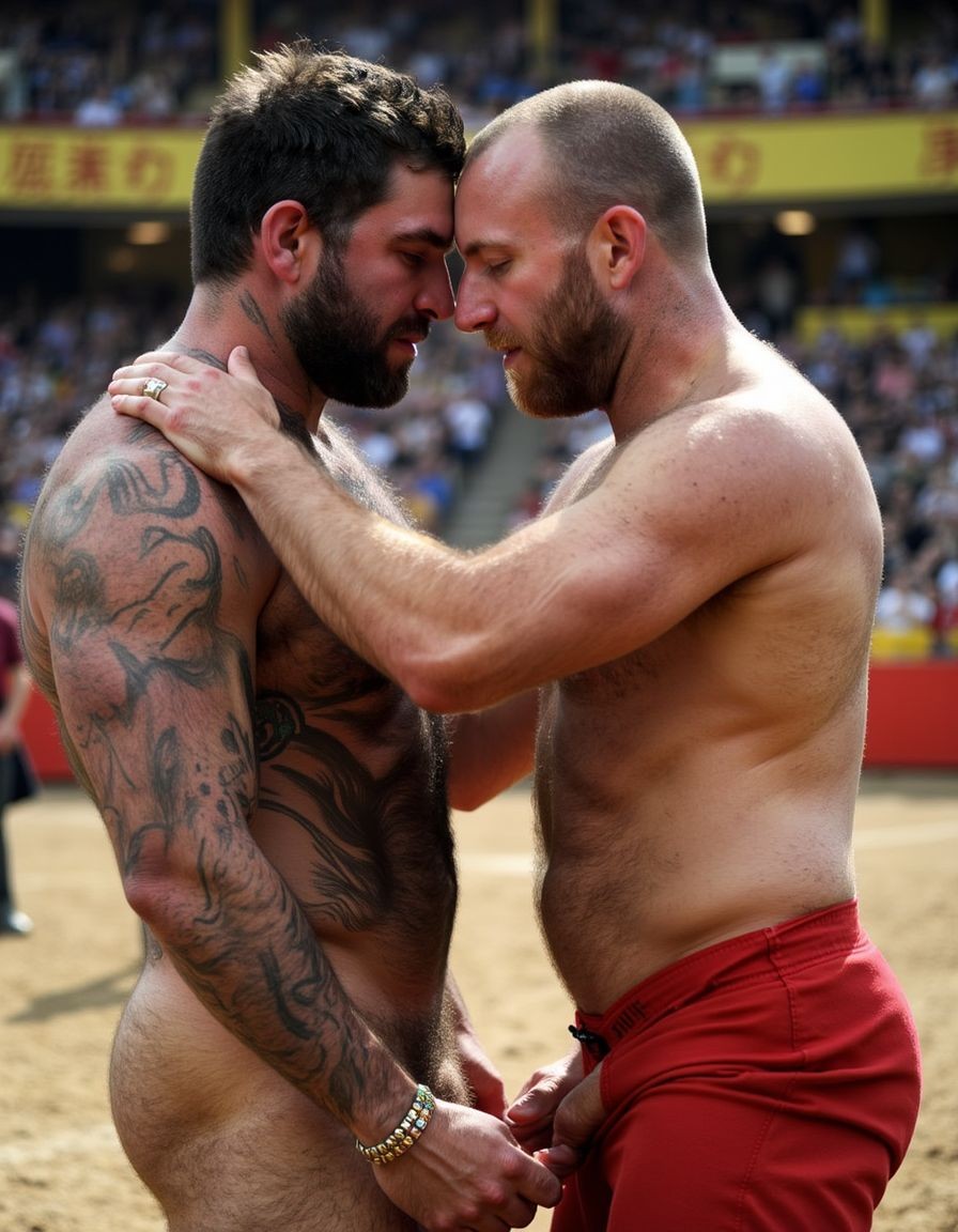 Un torero español musculoso y velludo de 50 años, con torso atlético y marcado, se muestra completamente desnudo, destacando su pene de 30 cm de longitud y 5 cm de grosor, perfectamente formado y rodeado de un denso vello púbico castaño oscuro. Sus testículos, perfectamente formados, cuelgan de forma prominente. La piel bronceada y sudorosa resalta su musculatura definida, con pectorales y abdominales bien marcados y sin grasa. El cabello largo y castaño oscuro está despeinado y sudoroso, con gotas de sudor resbalando por su frente y mejillas. Una barba incipiente y un vello corporal denso que se extiende por su pecho, piernas y brazos completan su apariencia viril. Lleva sandalias marrones en sus pies.

A su lado, un hombre musculoso y velludo de 30 años, completamente desnudo, muestra un pene erecto de 30 cm de longitud y 4 cm de grosor, hermoso y perfecto, rodeado de un denso vello púbico pelirrojo. Su piel bronceada y sudorosa muestra una musculatura definida, con pectorales y abdominales muy marcados. Tiene cabello pelirrojo despeinado y sudoroso. Tiene una barba pelirroja densa pero bien recortada. El vello corporal pelirrojo denso cubre su pecho, y tiene mucho vello pelirrojo en sus piernas y brazos, lo que realza su apariencia masculina y atlética.

Ambos hombres se encuentran en una plaza de toros, con sombras que resaltan su musculatura y vello corporal, creando un ambiente sensual y cargado de tensión. Están en pleno acto de pasión, con sus penes erectos y testículos prominentes ,destacando su musculatura, vello corporal y atributos viriles en una imagen impactante y llena de energía. La escena está llena de sensualidad y poder, con los dos hombres como protagonistas, en un ambiente cargado de pasión y erotismo. La imagen es híper realista, con detalles de alta calidad, y muestra la unión de los dos hombres en un acto de pasión y dominio, con sus cuerpos musculosos y velludos completamente desnudos y visibles, mostrando su excitación y pasión en cada detalle. Tienen sus penes erectos comenzando a eyacular semen blanco lanzado hacia arriba.