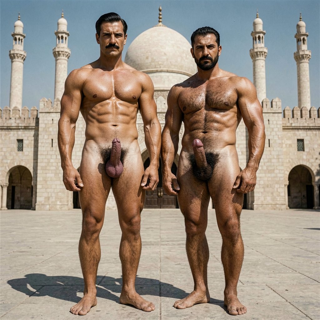A hyper-realistic cinematic photograph taken in bright midday sunlight at the Cairo Citadel in the late 1930s, full body view from the feet to the head of two completely naked muscular men standing at the entrance of the Muhammad Ali Mosque. In the foreground, Errol Flynn, 30 years old, 1.86 m tall, 80 kg, extremely lean and athletic with 6% body fat, stands confidently with an arrogant expression. He has jet-black hair slicked back with brilliantine and a distinct wave on the right, small mature hairline recession, a very thin horizontal aristocratic black mustache like a surgically precise line above his upper lip, strong square jaw, dark almost black eyes, straight nose, and tanned clear skin. His torso is completely smooth and hairless, broad shoulders, dense sculpted pecs, highly defined eight-pack abs with a sharp Apollo's belt and visible linea alba, narrow 75 cm waist, 80 cm hips, powerful 50 cm thighs from swimming and fencing, vascular arms and hands. His pubic hair is thick dense black curly in an inverted triangle. His large uncircumcised cock is fully erect at 20 cm, thick with 14 cm girth, slight left curve, prominent veins, shiny pink-purple glans partially covered by foreskin, heavy hanging scrotum with symmetric balls. His legs have moderate dark hair, calves defined at 34 cm, Greek feet planted firmly on the stone.

Slightly to his right and closer, Masri the Egyptian guide, 35 years old, 1.72 m, 75 kg of compact dense muscle, olive-ceramic skin glistening with sweat, thick black chest hair covering his strong pecs and running down in a heavy trail to an extremely dense wild black pubic bush. His cock is fully erect at 17 cm, very thick and heavy, circumcised, with a massive mushroom-shaped glans, prominent veins, and heavy low-hanging dark balls covered in dense black curls. His legs are short but powerfully built, feet wide and calloused.

Both men stand side by side under harsh Egyptian sunlight that creates strong highlights on their sweaty muscular bodies, cocks, and veins, with dramatic side lighting casting deep shadows that accentuate every muscle, ab line, and genital detail. In the background the majestic Muhammad Ali Mosque with its huge alabaster domes, tall slender minarets, and stone courtyard of the Citadel of Saladin, clear blue sky, intense heat haze. Cinematic color grading, sharp photorealistic detail, visible sweat beads rolling down chests and abs, intense masculine atmosphere, 1930s historical feel but with complete nudity and visible erections. Highly detailed anatomy, perfect proportions, no deformities.