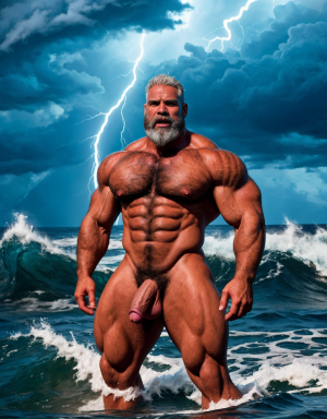Neptuno es dios de los mares, las tempestades y los vientos. Es un dios malhumorado y violento. Está desnudo. Tiene un pene grande y largo y efecto. Tiene mucho vello. Está llamando a gritos a los monstruos del océano. 