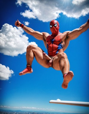 Spiderman velludo musculoso totalmente desnudo volando acostado en horizontal sobre una nube en cielo azul. Tiene el pene grande. Tiene los huevos grandes y peludos.