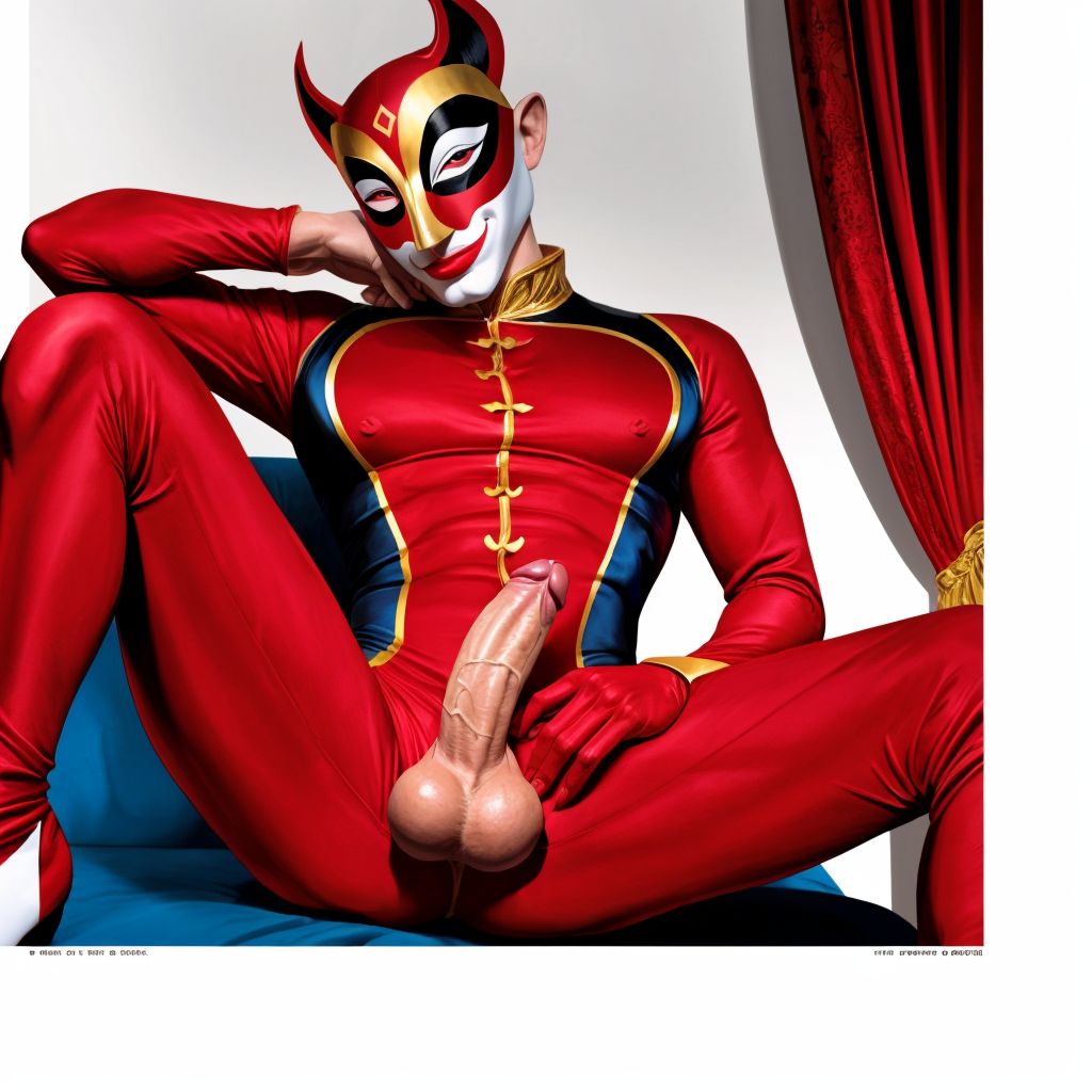 Hombres muy sexys vestidos con trajes rojos de la casa de papel, máscaras de Dalí, algunos con el pene visible, posiciones seductoras, miradas intensas, ropa ajustada, detalles eroticamente sugerentes.