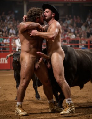 Un torero español musculoso y velludo de 50 años, con torso atlético y marcado, se muestra completamente desnudo, destacando su pene de 30 cm de longitud y 5 cm de grosor, perfectamente formado y rodeado de un denso vello púbico castaño oscuro. Sus testículos, perfectamente formados, cuelgan de forma prominente. La piel bronceada y sudorosa resalta su musculatura definida, con pectorales y abdominales bien marcados y sin grasa. El cabello largo y castaño oscuro está despeinado y sudoroso, con gotas de sudor resbalando por su frente y mejillas. Una barba incipiente y un vello corporal denso que se extiende por su pecho, piernas y brazos completan su apariencia viril. Lleva zapatillas doradas en sus pies.

A su lado, un hombre musculoso y velludo de 30 años, completamente desnudo, muestra un pene de 30 cm de longitud y 7 cm de grosor, hermoso y perfecto, rodeado de un denso vello púbico pelirrojo. Su piel bronceada y sudorosa muestra una musculatura definida, con pectorales y abdominales muy marcados. Tiene cabello pelirrojo despeinado y sudoroso. Tiene una barba pelirroja densa pero bien recortada. El vello corporal pelirrojo denso cubre su pecho, y tiene mucho vello pelirrojo en sus piernas y brazos, lo que realza su apariencia masculina y atlética. Están en la plaza de toros con un toro salvaje. Se aman

Ambos hombres se encuentran en una plaza de toros, con sombras que resaltan su musculatura y vello corporal, creando un ambiente sensual y cargado de tensión. Están en pleno acto de pasión, con sus penes erectos y testículos prominentes ,destacando su musculatura, vello corporal y atributos viriles en una imagen impactante y llena de energía. La escena está llena de sensualidad y poder, con los dos hombres como protagonistas, en un ambiente cargado de pasión y erotismo. La imagen es híper realista, con detalles de alta calidad, y muestra la unión de los dos hombres en un acto de pasión y dominio, con sus cuerpos musculosos y velludos completamente desnudos y visibles, mostrando su excitación y pasión en cada detalle. Tienen sus penes erectos. Están totalmente desnudos. Tienen un pene de 40 cm de longitud y 7 cm de diámetro. Son felices y sonríen. Amor. Se abrazan por la cintura con fuerza y pasión, están muy juntos. Sexo fuerte. El uno sobre el otro haciendo sexo, abrazados y besándose en la boca con lengua.  Están muy juntos apretándose el uno con el otro. Te quiero ❤️. Uno está detrás del otro abrazándole la cintura por la espalda. Se besan apasionadamente. Juntan sus penes. Por sus penes erectos. 