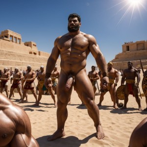 Jerjes 1º del imperio persa en el verano del año -480 marcha a pie. Hay dos luchadores que están desnudos con penes grades y testículos grandes y con mucho vello. Están en Helesponto luchando contra el rey Darío desnudo y de gran pene tieso hacia arriba. 