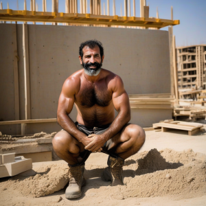 árabe 45 años velludo en obra de construcción de frente sin camiseta en pantaloneta botas caterpillar