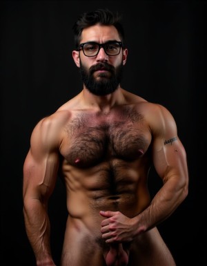 Fotografía hiperrealista de un hombre adulto musculoso a la vista desde las rodillas para arriba hasta la cabeza, rostro masculino idéntico a la imagen de referencia totalmente desnudo con polla erecta de treinta centímetros de longitud y ocho centímetros de diámetro, tiene rasgos marcados duros expresivos, barba densa poblada tupida oscura estilo hipster cubriendo completamente mandíbula mentón mejillas con grosor uniforme textura abundante muy definida, bigote denso tupido oscuro conectado perfectamente con la barba completa cubriendo completamente el labio superior, pelo oscuro medio peinado completamente recto hacia arriba con volumen considerable estilo hipster moderno quiff puntas verticales texturizadas hacia el cielo con altura prominente, cejas gruesas oscuras pobladas muy marcadas definidas, gafas de montura completa negra cuadradas grandes estilo hipster moderno sobre el puente de la nariz enmarcando unos ojos oscuros intensos que miran directamente a cámara con expresión seria penetrante confiada, expresión facial seria masculina sin sonrisa con mirada directa desafiante, pómulos marcados definidos angulares, nariz recta proporcionada, labios medios apenas visibles completamente cubiertos por bigote denso que conecta con la barba hipster completa, torso desnudo muy musculoso con pectorales enormes desarrollados y definidos y velludos peludos, hombros anchos musculosos deltoide prominentes, brazos musculosos gruesos con bíceps y tríceps marcados visibles a ambos lados del cuerpo, abdomen tonificado marcado visible desde la cintura, piel con textura realista detallada poros imperfecciones sutiles, vello corporal denso oscuro abundante cubriendo pectorales abdomen brazos hombros con textura natural masculina muy visible, tatuaje en tinta negra en el bíceps del brazo derecho con la palabra exacta ((