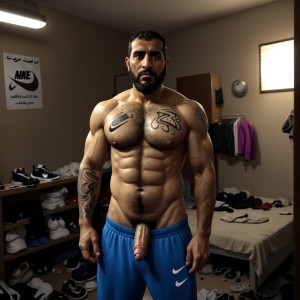 árabe de 40 años, barbudo, pene visible, vistiendo zapatillas Nike, pantalones deportivos bajados, torso desnudo, tatuajes visibles, cabello despeinado, mirada descarada, fondo de habitación desordenada, ropa tirada, luz tenue, ambiente relajado, piel bronceada, musculatura definida.