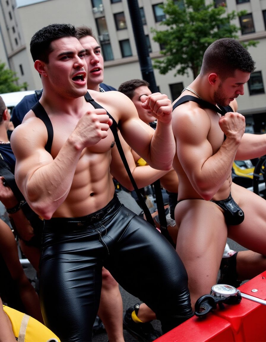 Un grupo de hombres musculosos participa en una celebración urbana al aire libre, con edificios, árboles y una carroza roja de fondo, vestidos con ropa fetichista de cuero negro. El hombre del primer plano posa con los puños levantados, arnés sobre el torso desnudo, abdominales marcados y pantalones ajustados brillantes, con expresión intensa y enérgica. A la derecha, otro hombre con barba lleva un arnés y un suspensorio negro muy revelador que deja al descubierto glúteos y muslos, resaltando una estética de orgullo, fiesta, sensualidad y exhibición corporal. La escena transmite ambiente de desfile, comunidad LGBTQ+, baile, fuerza física y moda leather.