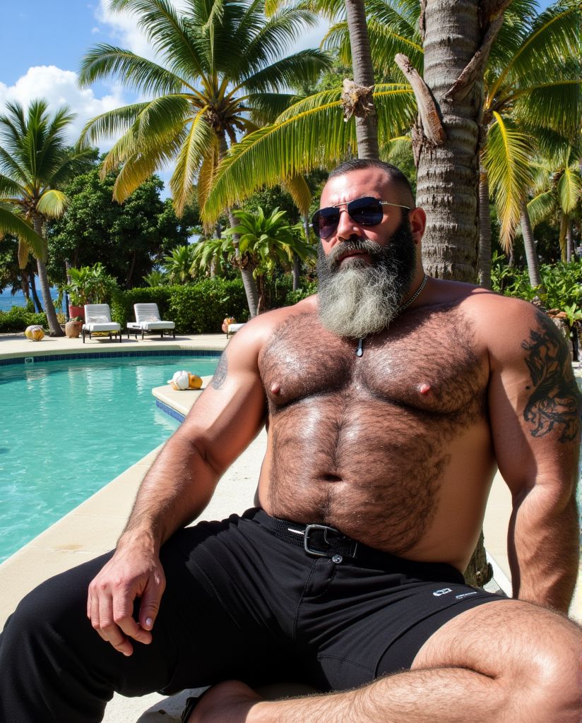 Macho hipermasculino, maduro, fornido con sobrepeso, velludo y tatuado, con barba poblada y canosa,  gafas de sol oscuras, grandes pezones, está descamisado, con pantalón negro y sandalias. Se encuentra sentado sobre una palmera, en una piscina en la isla de Roatán, en Honduras, la piscina está vacía y al fondo se ven los cocoteros y el perfil de la isla. Varias aves marinas revolotean.