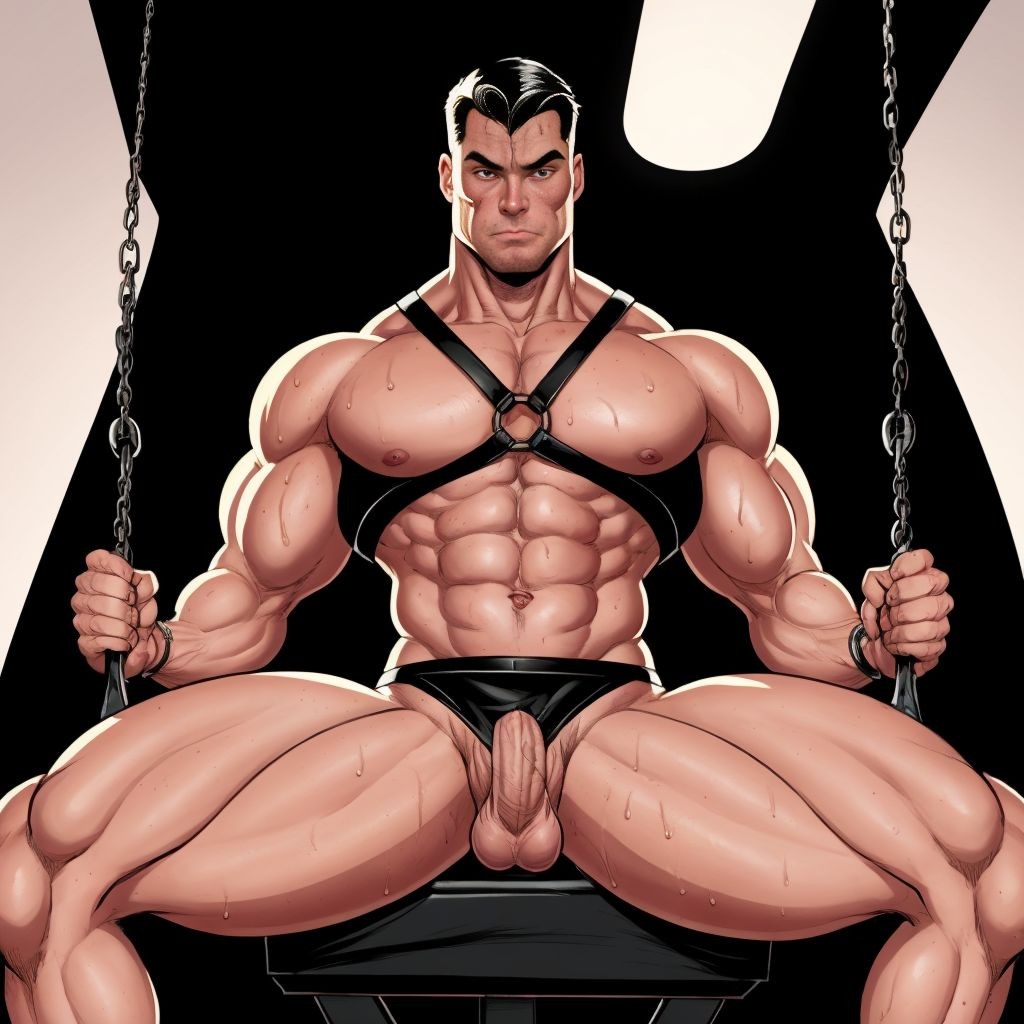 Hombre musculoso con arnés de cuero negro, sentado en un columpio sexual, mostrando su torso desnudo, con piernas abiertas y pene visible, en un ambiente oscuro y sensual, con luces rojas y sombras profundas, ropa interior negra y detalles de sudor en la piel.