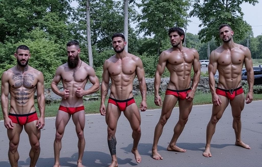 Cinco hombres musculosos posan descalzos al aire libre sobre una carretera o camino asfaltado, rodeados de árboles y vegetación, vestidos únicamente con slips rojos de ribete negro que resaltan sus cuerpos definidos. Todos aparecen sin camiseta, con torsos brillantes, abdominales marcados, pectorales desarrollados, piernas fuertes y actitud de pose fitness o culturismo. Algunos llevan barba, uno tiene el pecho y abdomen cubiertos de tatuajes y otro muestra un gran tatuaje oscuro en la pantorrilla. La escena transmite una estética de sesión fotográfica deportiva y masculina, con luz natural, fondo verde de parque o bosque y una composición frontal centrada en la musculatura, la simetría corporal y la presencia física del grupo.
