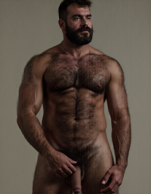 PEDRO es un hombre muy macho, delgado pero con músculos muy fuertes y está de pie. Siempre tiene su polla erecta,

PEDRO tiene una cara geométrica masculina brutal, tiene la estructura ósea de un tío mediterráneo: pómulos altos y anchos que le marcan sombras naturales bajo los ojos, mandíbula cuadrada que se extiende hasta unas líneas angulares perfectas antes de llegar a la barbilla, tiene la barbilla prominente con un hoyuelo central, firme como un puño cerrado, es una cara construida para imponer respeto.

PEDRO tiene ojos oscuros, de color marrón profundo oscuro y están ligeramente hundidos bajo un arco supraciliar marcado que les da una sombra de depredador en reposo, tiene cejas gruesas, densas y oscuras, casi rectas con una ligera curva natural, sin arreglar, tiene los párpados entornados, tiene mirada de evaluación constante, tiene las pestañas sorprendentemente espesas y largas y negras.

Pedro tiene nariz proporcionada a la cara, con el puente recto en forma clásica griega con la punta ligeramente redondeada y las aletas nasales expandidas, es una nariz que le da carácter, que completa esa cara de gladiador retirado.

PEDRO tiene orejas de tamaño medio, pegadas al cráneo, casi ocultas por el pelo rizado que le cae a los lados, los lóbulos de las orejas son carnosos, las orejas de Pedro están exactamente donde tienen que estar, discretas, funcionales, proporcionadas al tamaño de su cabeza.

PEDRO tiene bigote, su bigote es un mostacho denso, espeso, de pelo negro azabache que le cubre todo el labio superior con una generosidad obscena, el bigote es abundante desde la base, con los pelos apretados unos contra otros formando una masa compacta que se extiende más allá de las comisuras de los labios y cae ligeramente hacia abajo en los extremos de la boca estilo morsa, el bigote tiene un acabado salvaje, cuando Pedro abre la boca, el labio superior desaparece completamente bajo su bigote cómo si fuera una cortina de pelo oscuro.

PEDRO tiene pelo negro intenso, rizado, con volumen considerable, el pelo cae en ondas gruesas y desordenadas hacia los lados y hacia atrás, con textura natural de pelo mediterráneo denso y rebelde, el pelo de Pedro tiene brillo aceitoso de pelo sano, el nacimiento del pelo es recto y bajo, lo que le da una frente proporcionada pero no demasiado amplia, es pelo de tío macho.

PEDRO tiene cuello cuyos esternocleidomastoideos están marcados y tensos a cada lado en forma de V invertida que conecta la mandíbula con las clavículas, es un cuello de toro, corto en proporción y musculado, el cuello de Pedro tiene "nuez de Adán" es prominente y se ve bajo la piel bronceada cuando traga, el cuello de Pedro tiene algunas venas finas que le recorren los laterales, en la base del cuello justo donde empieza el pecho tiene vello corporal asomando tímidamente, son unos pelos oscuros y dispersos.

PEDRO tiene pecho que es una puta selva de vello el pecho de Pedro es expansivo, con las clavículas marcadas y separadas que crean una plataforma horizontal sobre la que se asientan los pectorales, el pecho de Pedro tiene la piel de un color con tono aceitunado oscuro, bronceada de manera natural y uniforme, con brillo cálido del Mediterráneo, el pecho de Pedro tiene vello denso de pelo negro y rizado que le cubre desde la parte superior de los pectorales hasta el abdomen sin interrupción, el vello del pecho de Pedro es pelo grueso de color oscuro.

PEDRO tiene pectorales de músculos carnosos, que se separan en el centro creando un surco profundo donde la cadena dorada descansa, son pectorales de volumen generoso, están cortados con definición extrema de gimnasio y además tienen forma llena y potente de músculo funcional cubierto por una capa justa de carne que les da aspecto macizo, la parte inferior de cada pectoral crea una sombra curva sobre las costillas, marcando bien dónde termina el músculo, los pectorales de Pedro son sólidos y densos.

PEDRO tiene pezones visibles bajo el vello, son oscuros, de color marrón rojizo que contrasta con la piel aceitunada, de tamaño medio y ligeramente orientados hacia abajo y hacia los lados por la forma de los pectorales, los pezones de Pedro tiene areolas de unos tres centímetros de diámetro, con textura granulada típica, y el pezón central es algo protuberante endurecido y se marca a través del pelo, pelo oscuro y rizado crece directamente desde las areolas, integrándolos completamente en el vello pectoral.

PEDRO tiene abdominales six-pack marcados, Pedro tiene un abdomen plano y firme con la musculatura subyacente visible pero cubierta por la capa de vello que baja desde el pecho sin interrupción, estrechándose a la altura del ombligo para formar un camino estrecho de pelo denso, el trail, que se convierte en una línea oscura y definida que desciende verticalmente como una flecha señalando hacia la entrepierna, tiene ombligo profundo, ovalado, rodeado de pelo, los abdominales de Pedro tienen los oblicuos laterales muy definidos y crean líneas diagonales a los lados de la cintura que enmarcan el abdomen, la musculatura de Pedro se mueve bajo el vello de forma visible y es funcional de tío que usa su cuerpo.

PEDRO tiene brazos musculosos marcados, definidos y proporcionados al torso, los brazos tienen deltoides redondos y prominentes, con las tres cabezas del músculo visibles cuando levanta el brazo, creando una forma de bola en el hombro que separa el brazo del torso. los brazos de Pedro tiene bíceps marcados, tiene vena cefálica que le recorre la parte anterior del brazo bajo la piel, los brazos de Pedro tienen tríceps con forma de herradura en la parte posterior que dan volumen al brazo visto de perfil, los antebrazos son musculosos marcados y definidos y tienen la musculatura fibrosa y detallada, llenos de tendones que se mueven visiblemente cuando cierra el puño, los brazos de Pedro tienen vello abundante, oscuro de pelo negro y rizado cubriendo especialmente los antebrazos donde forma una capa densa y uniforme que atrapa la luz del sol y le da aspecto primitivo, animal, la parte superior del brazo también tiene vello, más disperso que en el antebrazo pero presente, oscureciendo la piel bronceada.

PEDRO tiene manos con dedos y nudillos prominentes, son manos de trabajador, con la piel algo más áspera que el resto del cuerpo, tiene uñas cortas y cuadradas, las manos de Pedro tienen pelo oscuro que empieza en el dorso de las manos y en las primeras falanges de los dedos, disperso pero visible, las manos de Pedro tiene unas palmas perfectas y las líneas están marcadas profundamente, son manos que agarran de verdad.

PEDRO tiene piernas con los cuádriceps voluminosos y densos, con forma de lágrima invertida en la parte interna que delata músculo de verdad, y la separación entre el vasto externo y el recto femoral se marca flexionado, las piernas de Pedro tienen muslos marcados y definidos, cubiertos completamente por una capa generosa de vello negro rizado, denso, oscuro sobre la piel morena, la parte posterior de los muslos tiene los isquiotibiales definidos y tensos, con cuerdas musculares que se marcan, las piernas de Pedro tiene rodillas huesudas, funcionales. y sus pantorrillas tienen gemelos gruesos, duros, con forma de diamante, cubiertos también de vello oscuro e indomable que le sube desde los tobillos hacia el muslo arriba. Pedro tiene piernas perfectas y muy masculinas .

PEDRO tiene pies proporcionados a la estructura de su cuerpo de macho, tiene los pies rectos con las uñas cortas y algo amarillentas por el sol y las sandalias, los pies de Pedro tienen planta callosa y se distinguen los talones perfectos y la base de los dedos es canosa, los pies de Pedro tienen pelo oscuro desde el empeine y desde los dedos, disperso pero visible, conectando con el vello de las pantorrillas, el arco del pie es pronunciado, y los tendones extensores se marcan en el empeine flexionando los dedos, los pies de Pedro tienen apariencia sólida.

PEDRO tiene una polla de treinta y cinco centímetros de carne gruesa de un tono ligeramente más oscuro que el resto de su piel de color marrón aceitunado que se oscurece hacia el glande, cuando la polla está en reposo le cuelga hasta medio muslo, balanceándose, la polla de Pedro tiene ocho centímetros de diámetro, la polla de Pedro es un cilindro de carne brutal con las venas dorsales azuladas marcadas bajo la piel, el tronco de la polla de Pedro es ligeramente curvado hacia arriba y está dura, y la piel está cubierta en la base por una maraña de vello púbico negro, espeso y rizado que conecta directamente con el trail que baja desde el ombligo, la polla de Pedro tiene el prepucio cubriendo parcialmente su glande, de cabeza roma y rojiza, con el meato uretral como una ranura vertical que gotea cuando se excita, es una polla dura que apunta hacia arriba con curva amenazante y hace sombra sobre los huevos.

PEDRO tiene huevos que cuelgan bajos en un escroto oscuro, arrugado, cubierto por vello rizado y disperso, los huevos de Pedro son dos esferas del tamaño de huevos de gallina XL, perfectamente simétricos, que se balancean entre sus muslos como péndulos, el huevo izquierdo cuelga ligeramente más bajo que el derecho, la piel del escroto es más oscura que el resto del cuerpo, con tono marrón profundo, el escroto está extendido dejando los huevos descolgar desde la base de la polla monstruosa preparándose para descargar, son huevos que están llenos, que producen corridas espesas, abundantes y calientes.
Pedro es un hombre muy delgado mediterráneo, está a la vista desde la coronilla de rizos negros hasta las plantas callosas de los pies, pasando por los treinta y cinco centímetros de polla. Fondo 🏞️. Primer plano de la cara de PEDRO, imagen ultra alta definición 8K.