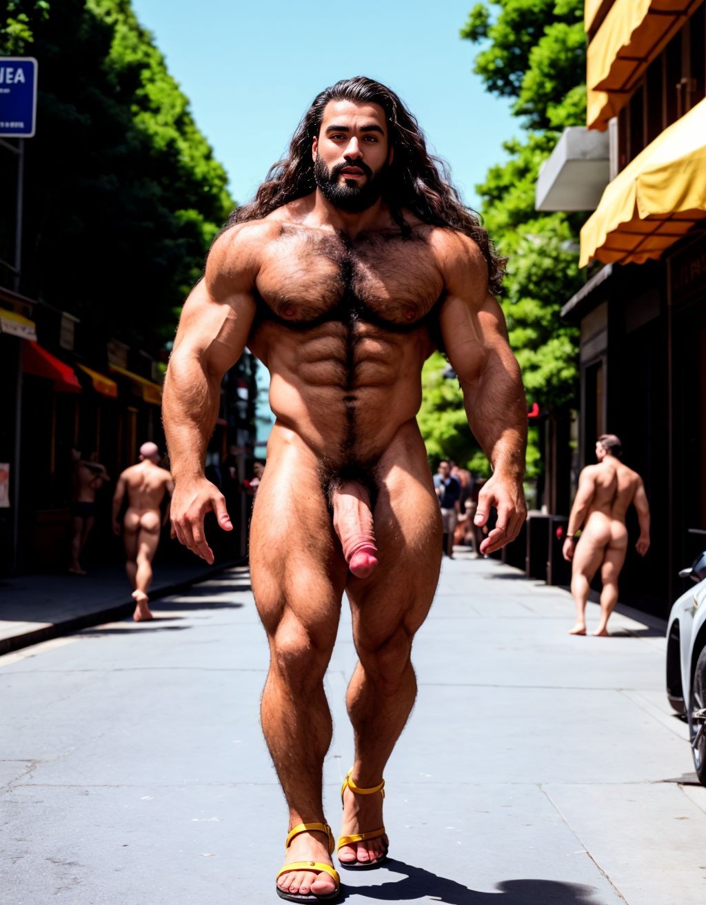 Dos hombres jóvenes desnudos musculosos y fibrosos. Tiene pene grande. Están andando por la calle. Tienen sandalias en los pies. El pene y los testículos se mueven al aire al andar. El enorme pene se dobla hacia el lado al ritmo del andar. Los testículos botan contra los muslos al andar moviéndose hacia afuera. Las manos tocan y acarician su propio pene. Tienen mucho pelo vello en el pecho. Tienen los pelos muy rizados y largos. El pelo es vaporoso y se mueve con el aire hacia adelante.