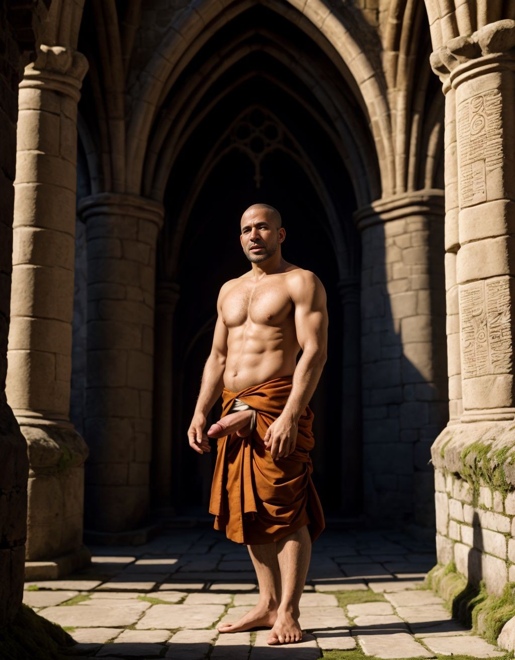 Un monje desnudo, tiene pene grande y tiene testículos gordos. Está en la abadía medieval normanda de Mont Saint-Michel. Es el escenario de la peculiar forma de vida del monje donde se pautan meticulosamente el sexo entre hombres con amor oral y con amor anal. Contemplación de los cuerpos de hombres desnudos y descanso. Está el Reloj de la sabiduría de Enrique Susón del siglo XV. Tiene un pene grande perfecto. Tiene sandalias en los pies. Mano acaricia su pene.