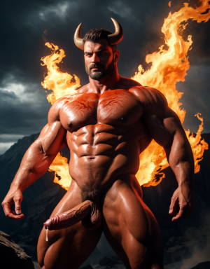 Diablo Satanás desnudo, pene grande:1.5, testículos oscuros:1.2, vello corporal abundante:1.1, bronceado:1, alas negras y rojas oscuras:1.3, brazos hacia arriba, implorando rayos y fuego, ojos rojos grandes:1.2, barba:1, delgado, testículos visibles:1.1, ano expuesto:1, rodeado de llamas y humo:1.2, chorro de fuego rojo en pene erecto:1.5, torso de toro musculoso:1.2. Tiene fuego en su ano y tiene mucho fuego en sus testículos.