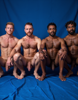 Four distinct men in identical squatting positions side by side, full body frontal view, all with knees bent and spread wide showing full genital exposure, all in intense orgasm simultaneously ejaculating thick white semen ropes from erect cocks, hyperrealistic 4K photography, deep ultramarine blue silk fabric background with dynamic waves, hard dramatic lighting:

FIRST MAN left side: 25-year-old Nordic type, pale white skin with pink undertones, short buzzcut platinum blonde hair, clean shaven boyish handsome face contorted in orgasmic ecstasy, ice blue eyes rolled back, mouth open moaning, slim swimmer build with low body fat, smooth chest with minimal blonde body hair, pink erect nipples, defined six-pack abs, perfect anatomically correct erect penis 22cm length and 5.5cm diameter, straight rigid shaft with pale pink skin showing delicate blue veins branching naturally along dorsal surface, circumcised with fully exposed glans, perfectly shaped mushroom head swollen taut with deeper pink-red coloration flushed from arousal, prominent corona ridge clearly defined, urethral meatus slit at tip with thick white cum spurting in three distinct ropes mid-ejaculation, shaft skin smooth and taut pulled back from erection rigidity, testicles anatomically perfect with two distinct oval balls 5cm each visible through thin scrotal skin, left testicle hanging slightly lower than right naturally, scrotum skin pale pink with fine texture and sparse fine blonde hair, scrotal raphe line visible down center, balls drawn slightly upward from orgasmic contraction, lean smooth thighs spread wide.

SECOND MAN center-left: 40-year-old Mediterranean type, olive tan skin weathered and rough, shoulder-length wavy dark brown hair wild and sweaty, thick black beard with grey streaks, hooked Roman nose, dark brown eyes half-closed in pleasure, rugged extremely handsome face grimacing in climax, stocky muscular hairy bear build, massive hairy chest with dense black curly hair, thick dark nipples, solid barrel torso with visible abs under hair, perfect anatomically correct erect penis 19cm length and 6cm girth, thick girthy shaft with olive-tan skin darker than body, natural upward curve, uncut with foreskin fully retracted behind corona bunched in wrinkled ring, exposed glans deep burgundy-red and glossy wet with precum, perfectly formed helmet shape with pronounced flared rim, thick dorsal vein and two lateral veins visibly engorged and pulsing, multiple white cum streams shooting from perfectly detailed urethral opening, testicles anatomically perfect and large 6cm each, heavy and full hanging low in relaxed scrotal sac, scrotum skin darker olive with dense black curly hair covering entire surface, visible texture and natural wrinkles, left ball hanging lower, both balls churning with visible movement from ejaculation, thick hairy thighs.

THIRD MAN center-right: 30-year-old Black African type, very dark ebony skin glistening with sweat, shaved bald head reflecting light, short trimmed black beard, full lips parted showing white teeth, high cheekbones, dark eyes rolled back in ecstasy, extremely handsome face in orgasmic bliss, tall lean muscular build with extreme definition, smooth chest with dark nipples, razor-cut eight-pack abs, perfect anatomically correct erect penis 24cm length and 5.8cm diameter, long straight shaft with very dark brown-black skin smooth and taut, dramatic contrast of dark shaft against pink-purple inner coloration, uncut with dark foreskin retracted exposing bicolor glans deep purple-pink underneath almost mauve, perfectly shaped large glans with clearly defined corona ridge, frenulum visible on underside, network of thick veins darker than shaft running full length visibly throbbing, copious thick white cum ejaculating in powerful spurts contrasting starkly against dark skin, testicles anatomically perfect very large 6.5cm each, hanging heavy and low in loose relaxed scrotum, scrotal skin dark with slightly lighter undertone and smooth texture, minimal hair, both testicles clearly defined oval shapes visible through thin scrotal skin, natural asymmetry with left lower, long muscular legs spread.

FOURTH MAN right side: 45-year-old Middle Eastern type, warm brown skin with body hair, medium-length black hair slicked back with sweat, thick black mustache and trimmed beard with silver threads, strong aquiline nose, intense dark eyes glazed with pleasure, mature extremely handsome weathered face showing climax, solid muscular daddy build, very hairy chest with dense black and grey hair, dark brown nipples, slight belly with visible abs underneath fur, perfect anatomically correct erect penis 20cm length and 5.5cm diameter, mature thick shaft with warm brown skin showing natural pigmentation variation darker at base and lighter mid-shaft, slight downward curve then upward at glans, uncut with long foreskin half-retracted creating bunched collar behind corona, glans partially hooded showing wet glistening dark pink-brown head, well-defined ridge and pronounced frenulum, prominent veins along shaft with natural branching pattern visibly engorged, thick creamy ejaculate spurting from foreskin opening in viscous streams, testicles anatomically perfect large 5.5cm each, hanging very low in loose aged scrotal skin, scrotum covered in dense black and grey hair matching body, skin darker brown with visible natural wrinkles and texture, both testicles heavy and full clearly outlined, natural sag from maturity, thick hairy thighs spread wide, bare feet planted.

All four men squatting in row with anatomically perfect cocks pointing upward shooting simultaneous cum loads with realistic ejaculate texture and trajectory, extreme anatomical detail on genitals including natural skin texture and coloration and vein patterns and scrotal details, orgasmic facial expressions with authentic pleasure, sweat visible on all bodies, hard lighting emphasizing every detail.
