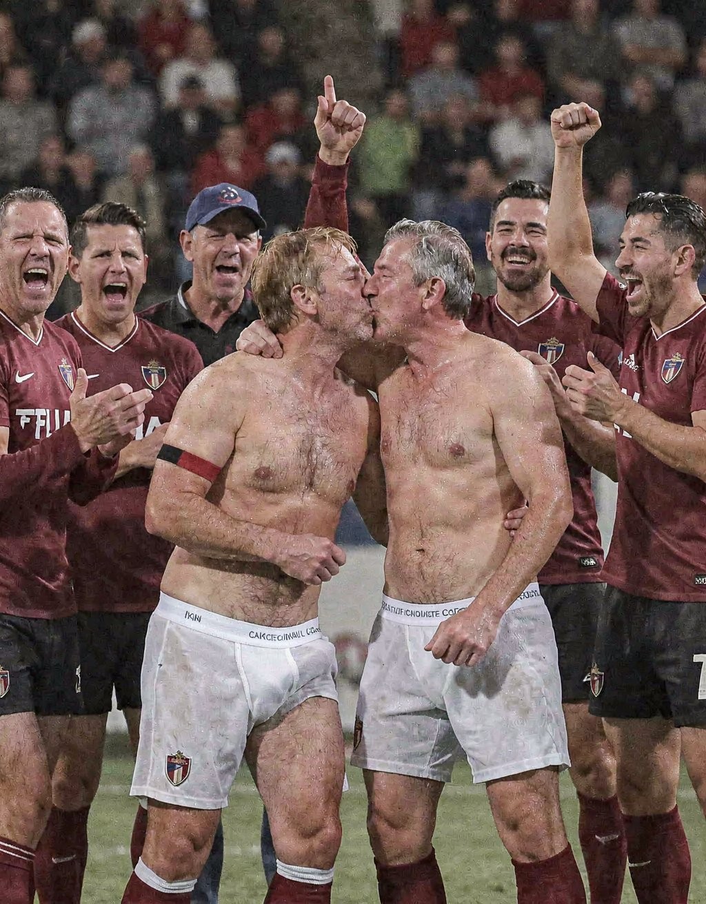 Dos futbolistas celebran efusivamente sobre el césped, sin camiseta y con pantalones blancos bajados hasta quedar en calzoncillos deportivos, besándose en la boca mientras sus compañeros del equipo granate los rodean entre risas, aplausos y gestos de euforia. La escena transmite una celebración intensa de vestuario trasladada al campo, con jugadores levantando los puños, gritando y sonriendo ante la multitud borrosa del estadio al fondo. Los detalles del uniforme, los escudos, las medias granates y la actitud festiva refuerzan el ambiente de fútbol, victoria, camaradería y celebración provocadora.