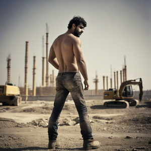 oso árabe joven 25 años velludo en obra de construcción de espaldas desnudo botas caterpillar mear