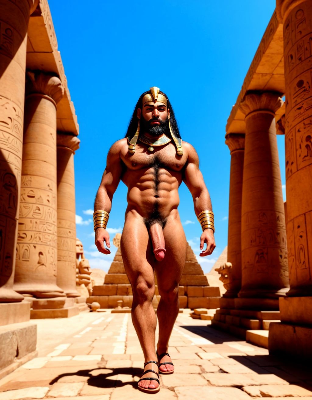 Faraón Ramsés 2 desnudo. Tiene pene grande perfecto. Tiene  testículos prominentes y perfectos muy velludos. Tiene vello corporal abundante. Tiene vello en pecho. Tiene sandalias. Está caminando por calle empedrada, en un ambiente antiguo egipcio con pirámides, templos y esfinges bajo sol dorado. Se ven los testículos con mucho vello. El pene es perfecto. La cara tiene aspecto muy viril. Tiene el cuerpo perfecto y con actitud muy viril. Sus testículos sobresalen por debajo del pene y se mueven al andar. Levanta los  brazos para señalar con los dedos de las manos hacia las nubes azules. Tiene barba muy poblada y grande. Tiene mucho vello en el pecho. Tiene el pelo largo vaporoso sobre los hombros y movido hacia atrás por el viento. Tiene los ojos azules.