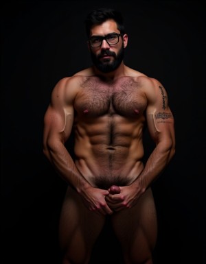 Fotografía hiperrealista de un hombre adulto musculoso a la vista desde los pies para arriba hasta la cabeza, tiene cuerpo muy delgado con músculos marcados y definidos, rostro masculino idéntico a la imagen de referencia, está totalmente desnudo con polla erecta de treinta centímetros de longitud y ocho centímetros de diámetro, tiene rasgos marcados duros expresivos, barba densa poblada tupida oscura estilo hipster cubriendo completamente mandíbula mentón mejillas con grosor uniforme textura abundante muy definida, bigote denso tupido oscuro conectado perfectamente con la barba completa cubriendo completamente el labio superior, pelo oscuro medio peinado completamente recto hacia arriba con volumen considerable estilo hipster moderno quiff puntas verticales texturizadas hacia el cielo con altura prominente, cejas gruesas oscuras pobladas muy marcadas definidas, gafas de montura completa negra cuadradas grandes estilo hipster moderno sobre el puente de la nariz enmarcando unos ojos oscuros intensos que miran directamente a cámara con expresión seria penetrante confiada, expresión facial seria masculina sin sonrisa con mirada directa desafiante, pómulos marcados definidos angulares, nariz recta proporcionada, labios medios apenas visibles completamente cubiertos por bigote denso que conecta con la barba hipster completa, torso desnudo muy musculoso con pectorales enormes desarrollados y definidos, hombros anchos musculosos deltoide prominentes, brazos musculosos gruesos con bíceps y tríceps marcados visibles a ambos lados del cuerpo, abdomen tonificado marcado visible desde la cintura, piel con textura realista detallada poros imperfecciones sutiles, vello corporal denso oscuro abundante cubriendo pectorales abdomen brazos hombros con textura natural masculina muy visible, tatuaje en tinta negra en el bíceps del brazo derecho con la palabra exacta 