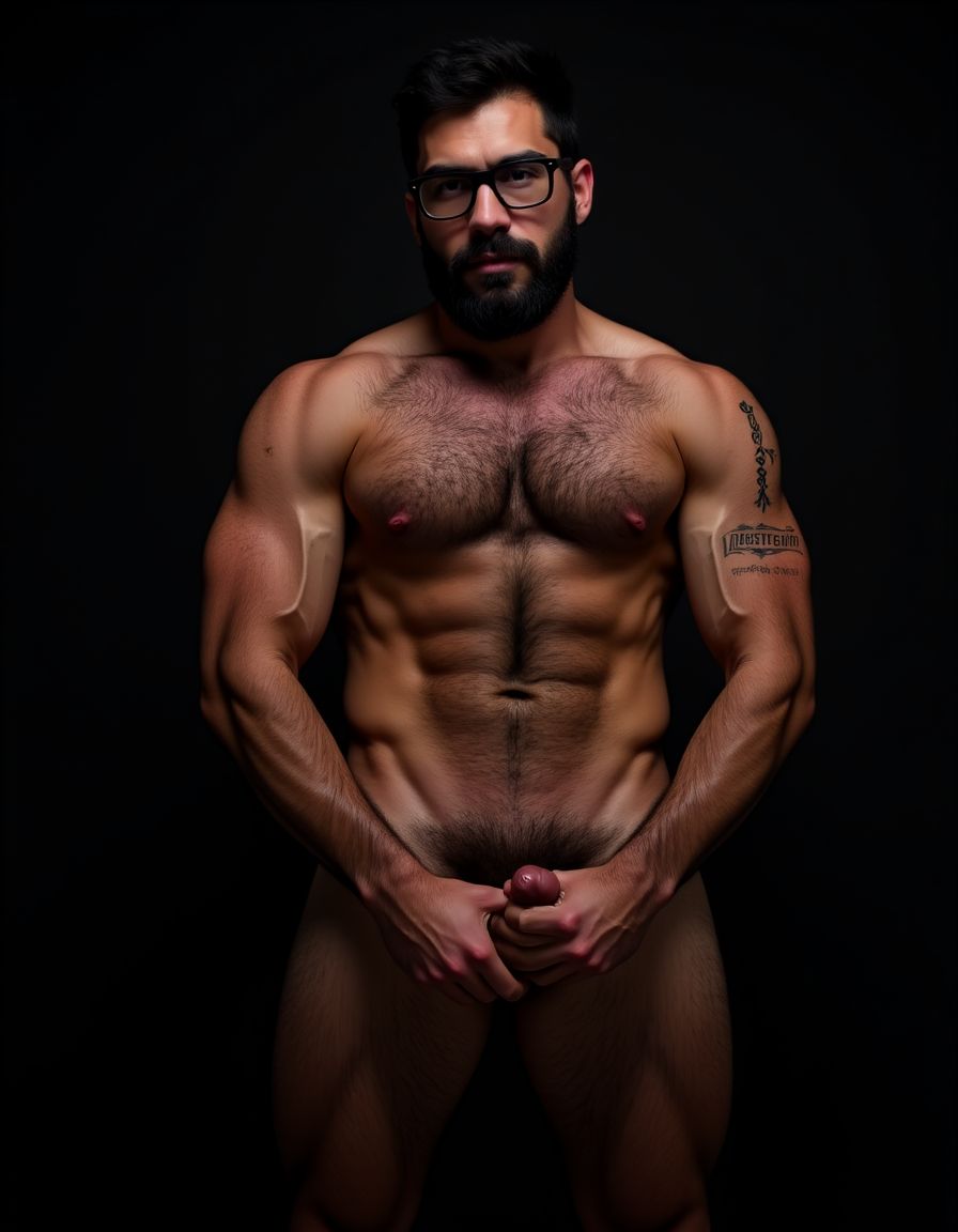 Fotografía hiperrealista de un hombre adulto musculoso a la vista desde los pies para arriba hasta la cabeza, tiene cuerpo muy delgado con músculos marcados y definidos, rostro masculino idéntico a la imagen de referencia, está totalmente desnudo con polla erecta de treinta centímetros de longitud y ocho centímetros de diámetro, tiene rasgos marcados duros expresivos, barba densa poblada tupida oscura estilo hipster cubriendo completamente mandíbula mentón mejillas con grosor uniforme textura abundante muy definida, bigote denso tupido oscuro conectado perfectamente con la barba completa cubriendo completamente el labio superior, pelo oscuro medio peinado completamente recto hacia arriba con volumen considerable estilo hipster moderno quiff puntas verticales texturizadas hacia el cielo con altura prominente, cejas gruesas oscuras pobladas muy marcadas definidas, gafas de montura completa negra cuadradas grandes estilo hipster moderno sobre el puente de la nariz enmarcando unos ojos oscuros intensos que miran directamente a cámara con expresión seria penetrante confiada, expresión facial seria masculina sin sonrisa con mirada directa desafiante, pómulos marcados definidos angulares, nariz recta proporcionada, labios medios apenas visibles completamente cubiertos por bigote denso que conecta con la barba hipster completa, torso desnudo muy musculoso con pectorales enormes desarrollados y definidos, hombros anchos musculosos deltoide prominentes, brazos musculosos gruesos con bíceps y tríceps marcados visibles a ambos lados del cuerpo, abdomen tonificado marcado visible desde la cintura, piel con textura realista detallada poros imperfecciones sutiles, vello corporal denso oscuro abundante cubriendo pectorales abdomen brazos hombros con textura natural masculina muy visible, tatuaje en tinta negra en el bíceps del brazo derecho con la palabra exacta 