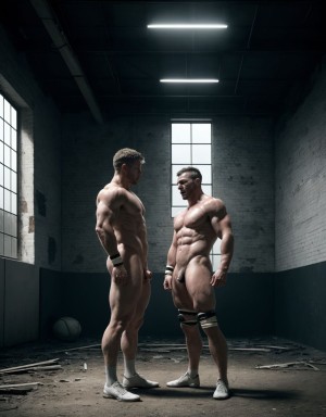 2 Hombre desnudo, musculoso y sudoroso, atado de los pie fetichista, en una gimnasio oscura con una luz tenue, rodeado de instrumentos de tortura, cuerpo tenso con marcas de sufrimiento, en pose de sumisión y agonía, en un campo de rugby abandonado, con dos hombres de 30 años, piel blanca, observándolo con expresiones severas.