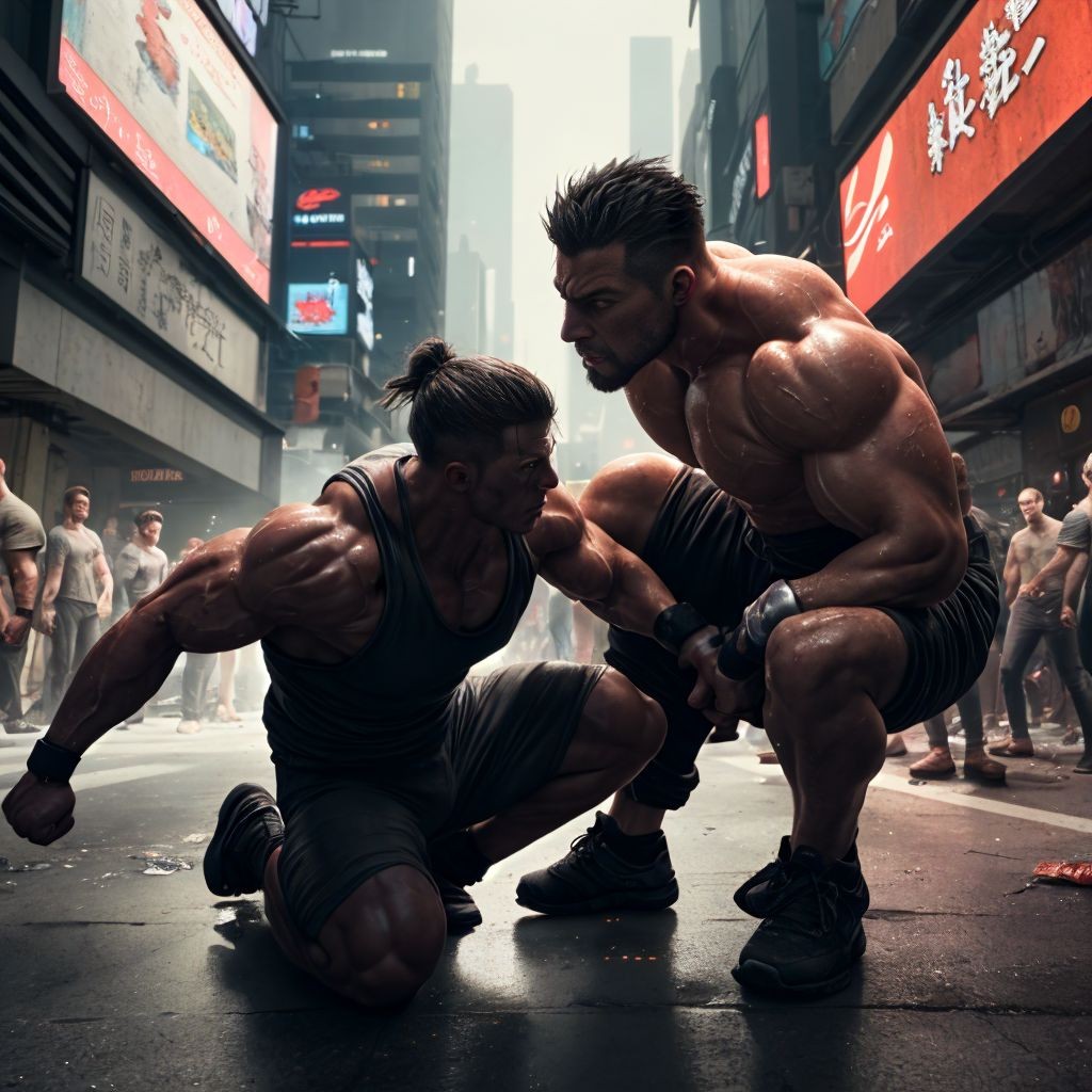 Two extremely muscular men face off in a narrow, wet urban street, surrounded by tall buildings, red neon lights, and signs with Asian characters suggesting a Japanese-style or cyberpunk commercial district. One is kneeling on the wet asphalt, wearing a dark tank top, shorts, and with his arm tensed backward, while staring intensely at his rival. The other remains crouched in front of him, with a bare torso shining with sweat, black shorts, sneakers, and exaggerated musculature in his shoulders, arms, and chest. Several people watch in the background amid the mist and city lights, creating a dramatic scene of street fighting, physical tension, and cinematic confrontation.
