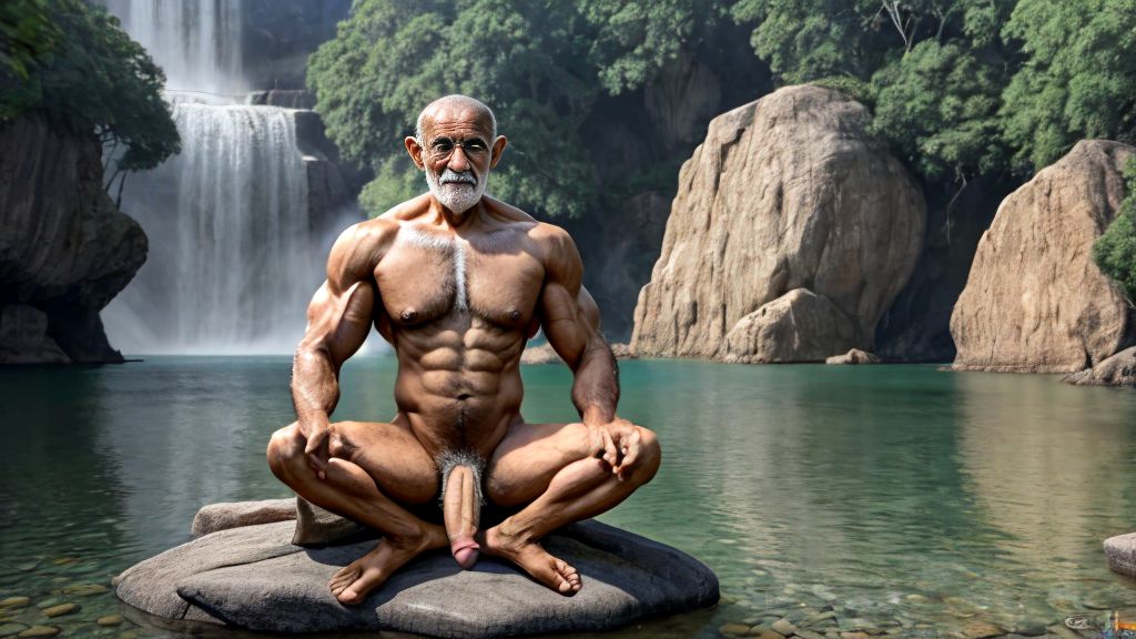 Mahatma Gandhi desnudo. Tiene el pecho velludo y brazos velludos. Está sentado en una roca. Está totalmente desnudo musculoso. Tiene pene grande erecto. Tiene testículos grandes. Tiene mucho vello y pelo. Foto muy realista texturas 8k. Está rodeado de tela blanca hindú y agua clara de India. Está rezando en un ambiente místico. Gandhi fue un célebre pensador, político y abogado hinduista de origen indio.