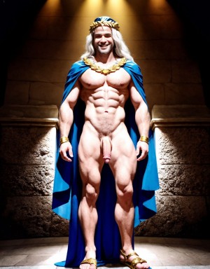 El dios Priapo de Pompeya está desnudo de pie. Es delgado y muy alto. Está en el museo de Nápoles. Tiene un pene grande y erecto. Tiene mucho vello por todo el cuerpo. Tiene sandalias en los pies. Tiene músculos muy definidos. Tiene una corona de laurel. Levanta una mano para saludar al público. El cuerpo está iluminado con focos de luz blanca. Tiene los ojos verdes. Tiene una cadena brillante en los pies. Tiene mucho vello en el pecho. Tiene una capa de oro sobre su espalda. Tiene boca abierta. Tiene sandalias en los pies. Está de perfil. Está de lado. Sonríe enseñando los dientes blancos relucientes.