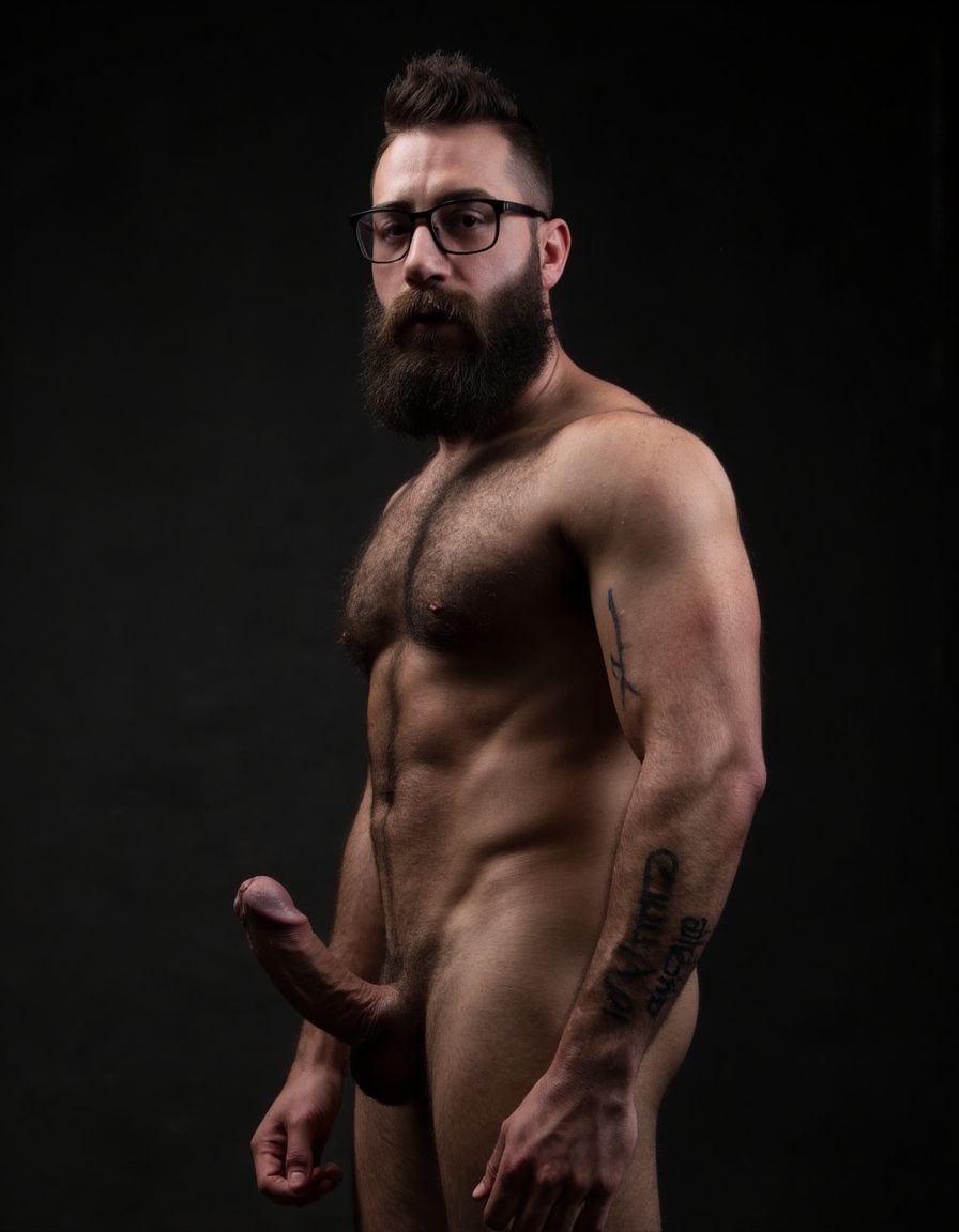 Fotografía hiperrealista de un hombre adulto musculoso a la vista desde los pies para arriba hasta la cabeza, tiene cuerpo muy delgado con músculos marcados y definidos, rostro masculino idéntico a la imagen de referencia, está totalmente desnudo con polla erecta de treinta centímetros de longitud y ocho centímetros de diámetro, tiene rasgos marcados duros expresivos, barba densa poblada tupida oscura estilo hipster cubriendo completamente mandíbula mentón mejillas con grosor uniforme textura abundante muy definida, bigote denso tupido oscuro conectado perfectamente con la barba completa cubriendo completamente el labio superior, pelo oscuro medio peinado completamente recto hacia arriba con volumen considerable estilo hipster moderno quiff puntas verticales texturizadas hacia el cielo con altura prominente, cejas gruesas oscuras pobladas muy marcadas definidas, gafas de montura completa negra cuadradas grandes estilo hipster moderno sobre el puente de la nariz enmarcando unos ojos oscuros intensos que miran directamente a cámara con expresión seria penetrante confiada, expresión facial seria masculina sin sonrisa con mirada directa desafiante, pómulos marcados definidos angulares, nariz recta proporcionada, labios medios apenas visibles completamente cubiertos por bigote denso que conecta con la barba hipster completa, torso desnudo muy musculoso con pectorales enormes desarrollados y definidos, hombros anchos musculosos deltoide prominentes, brazos musculosos gruesos con bíceps y tríceps marcados visibles a ambos lados del cuerpo, abdomen tonificado marcado visible desde la cintura, piel con textura realista detallada poros imperfecciones sutiles, vello corporal denso oscuro abundante cubriendo pectorales abdomen brazos hombros con textura natural masculina muy visible, tatuaje en tinta negra en el bíceps del brazo derecho con la palabra exacta 